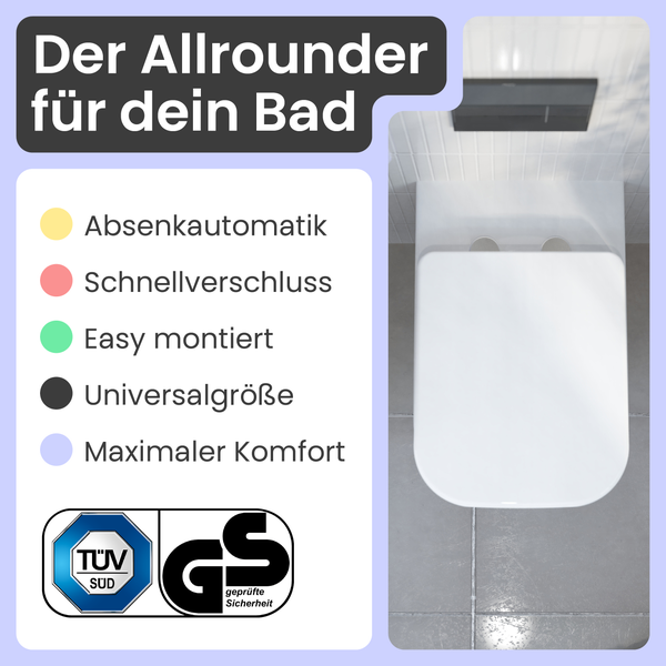WC-Sitz mit Absenkautomatik, Schnellverschluss, einfacher Montage, Universalgröße, maximalem Komfort, TÜV Süd Siegel und Geprüfte Sicherheit Siegel