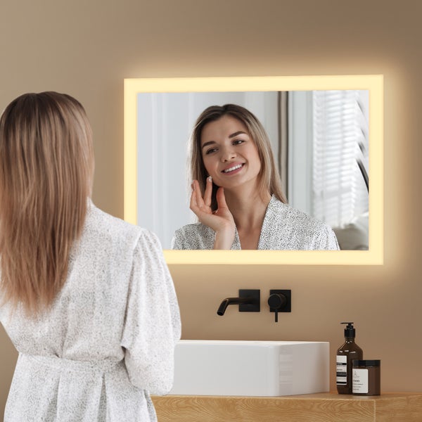 EMKE Badspiegel mit Beleuchtung 60x40 cm, LED Spiegel mit Wandschalter, Warmweiß, IP44, horizontal und vertikal montierbar, rostfreier HD-Spiegel, für Badezimmer
