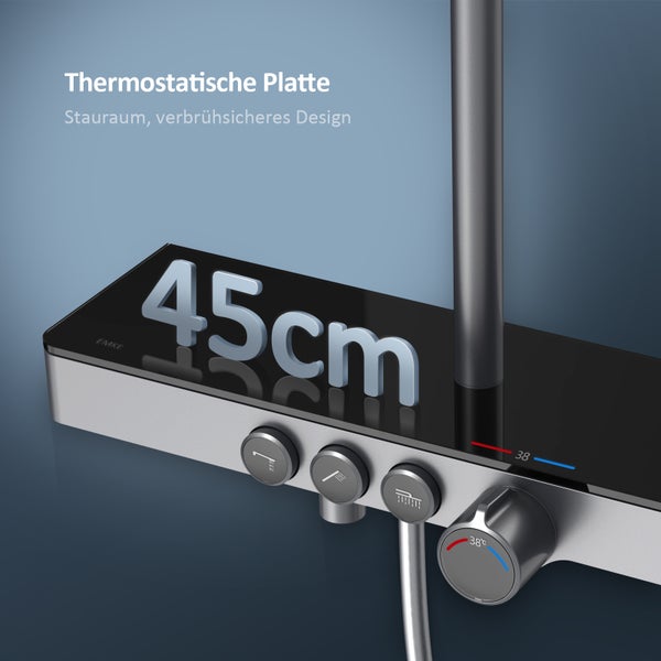 EMKE Duschsystem mit Thermostat 38 °C, 3 Strahlart(en), Überkopfbrause, Handbrause mit 3 Funktionen, unterer Wasserauslass, Verbrühungsschutz, Wandmontage, 114,6 × 45 × 48 cm, Anthrazit Matt