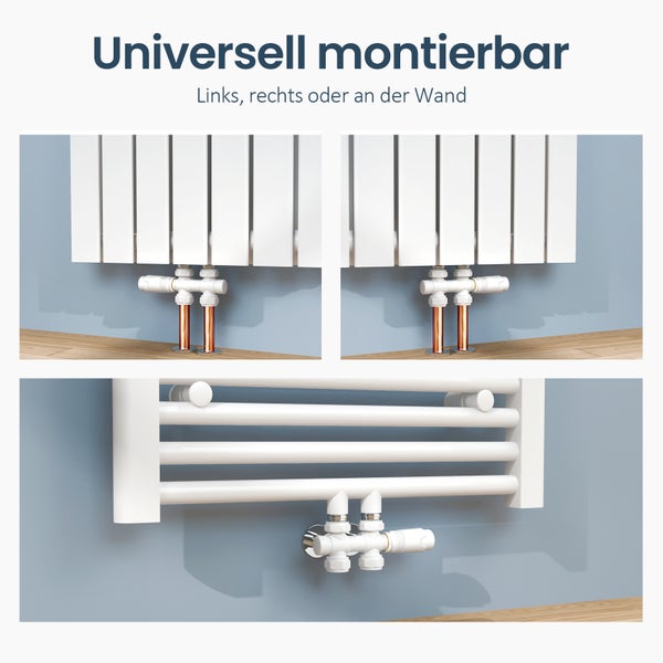 Heizkörper-Thermostat-Set universell montierbar für Anschluss links, rechts oder an der Wand.