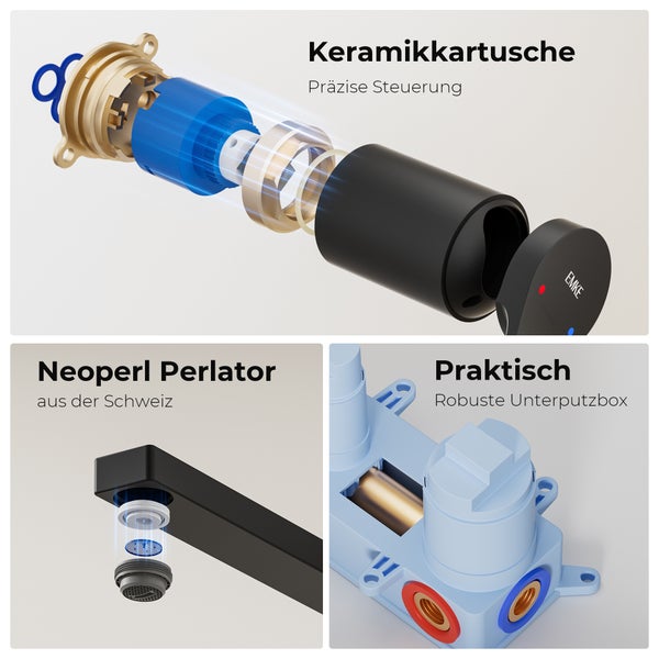EMKE Wasserhahn Bad Unterputz, Waschtischarmatur Unterputz aus Kupfer, 2-Loch Wandarmatur, Schwarz, 288×210×70 mm, für Badezimmer Waschbecken geeignet