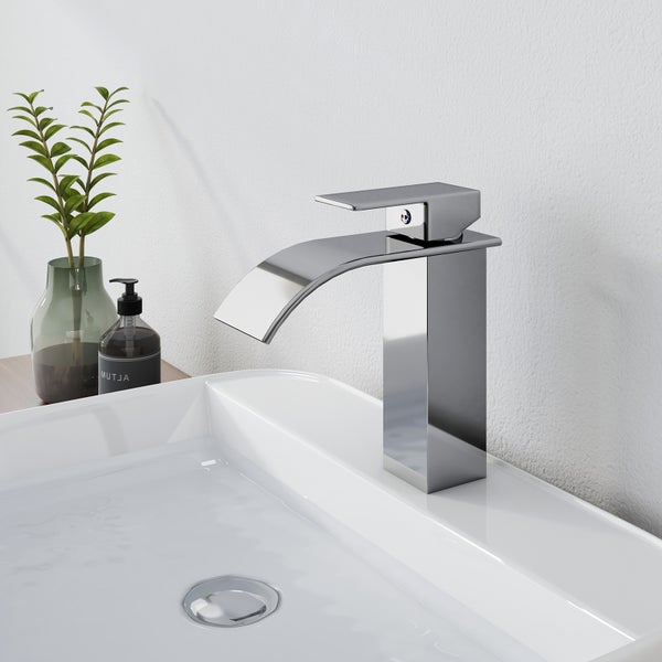 EMKE Waschtischarmatur Wasserfall, Einhebelmischer Chrom, 183 × 174 × 45 mm, KTW-zertifiziert, Badarmatur für Waschbecken, Mischbatterie für Warm- und Kaltwasser
