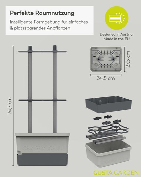 Charly Chili Pflanzkasten mit den Maßen 74,7 cm Höhe, 34,5 cm Breite und 27,5 cm Tiefe, entworfen in Österreich und hergestellt in der EU