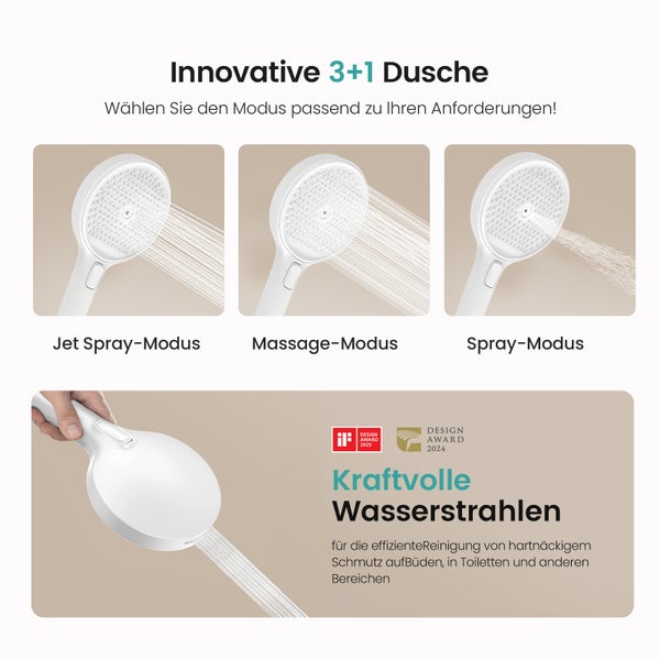 Brausekopf mit verschiedenen Strahlarten und Design Auszeichnungen.