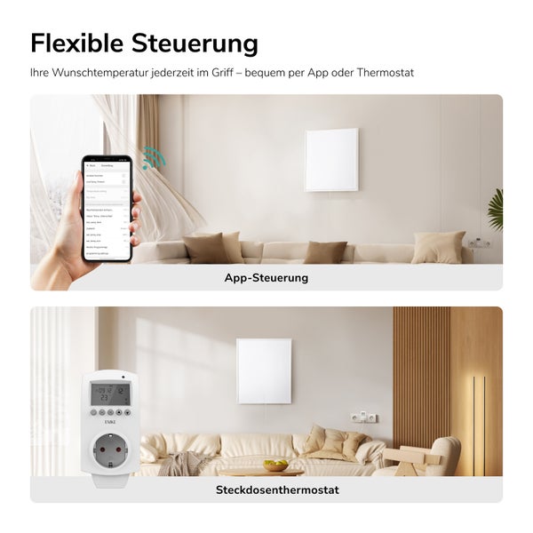 Steuerung einer Infrarotheizung wahlweise per Smartphone App oder über ein Steckdosenthermostat in einem modern eingerichteten Wohnzimmer.