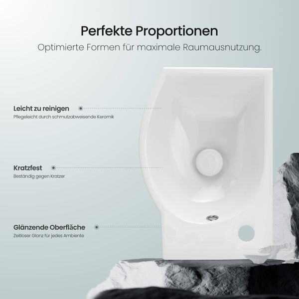 EMKE Handwaschbecken 405 x 280 mm, asymmetrisch, Keramik, mit Hahnloch links, glänzend weiß, kompaktes Hängewaschbecken für Gäste-WC, Höhe 140 mm, zur Wandmontage