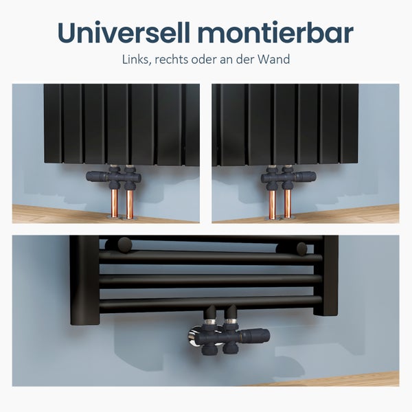 Bilder zeigen Heizkörper mit universeller Montageoption für links, rechts oder Wandmontage.