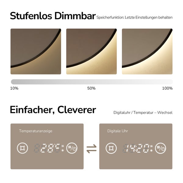 Stufenlos dimmbare Leuchte mit digitaler Anzeige von Uhrzeit und Temperatur