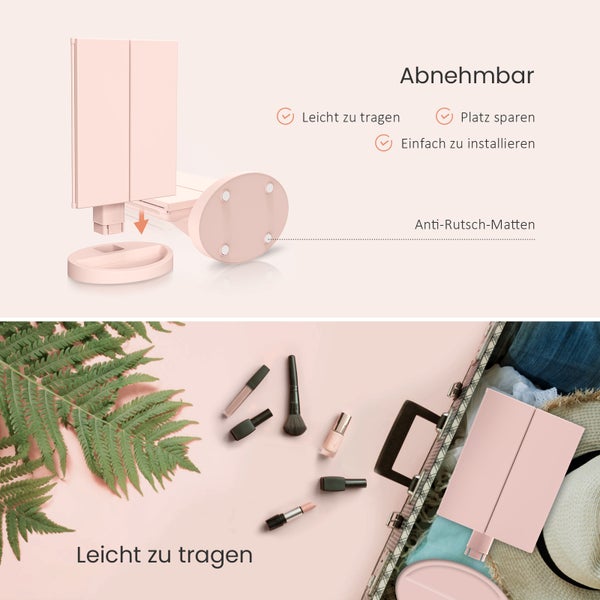 EMKE Schminkspiegel LED Kosmetikspiegel Vergrößerungsspiegel zweiseitig Touchschalter,3 Lichtfarben Dimmbar, USB Aufladbar,2x/5x Vergrößerung Rosa