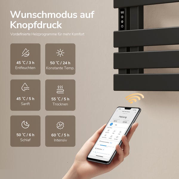 Elektrischer Handtuchheizkörper mit App-Steuerung und Übersicht verschiedener Heizprogramme wie Trocknen, Entfeuchten und konstante Temperatur.