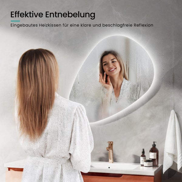 EMKE LED Badspiegel mit Beleuchtung 70x50 cm, dimmbar in 3 Lichtfarben, Anti-Beschlag, Touch-Schalter mit Memory-Funktion, IP44, horizontal & vertikal montierbar
