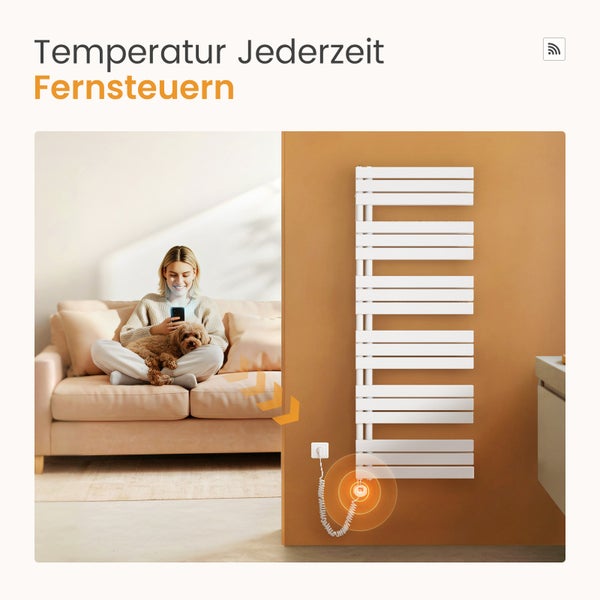 EMKE Elektrischer Badheizkörper 132x60 cm, Flachheizkörper mit Thermostat & Timer, Handtuchwärmer, seitlich offen, vertikal, 800 W, Weiß, für Badezimmer geeignet