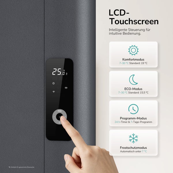 LCD Touchscreen Steuerung an einem Heizgerät mit Anzeige der verschiedenen Betriebsmodi Komfort Eco Programm und Frostschutz.