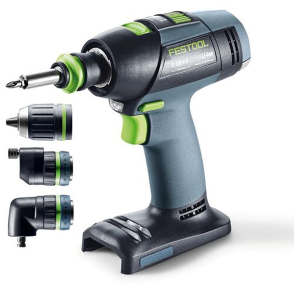 Festool Akku Bohrschrauber T 18 Plus 3 mit FastFix Schnittstelle und drei verschiedenen Aufsätzen für vielseitige Schraub und Bohrarbeiten