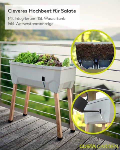 Hochbeet für Salate auf Holzbeinen mit 15 Liter Wassertank und Wasserstandsanzeige auf einem Balkon.