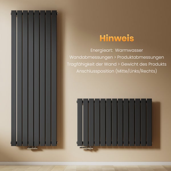 Zwei Paneelheizkörper an der Wand, Hinweis zu Wandabmessungen, Produktabmessungen, Wandtragfähigkeit und Gewicht des Produkts