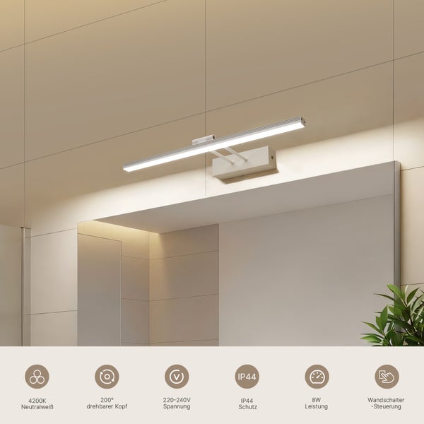 Wandleuchte mit neutralweißem Licht, drehbarem Kopf, IP44 Schutz und Wandschaltersteuerung über einem Spiegel