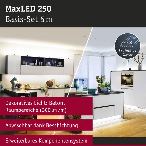 MaxLED 250 Basis-Set 5 m in einer modernen Küche mit indirekter Beleuchtung.