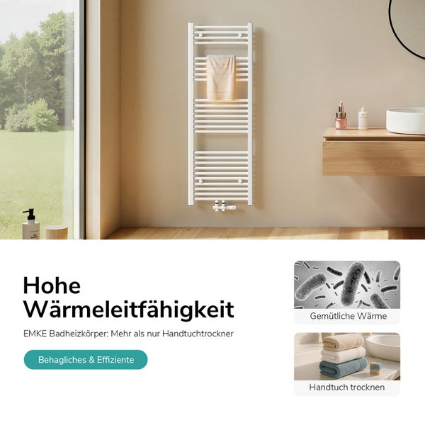 Badezimmer mit weißem Handtuchheizkörper und Handtuch