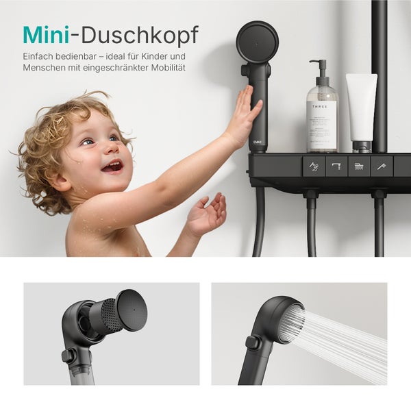 EMKE Duschsystem Thermostat, 4 Auslässe mit Rainfall-Kopfbrause, Handbrause & Kinderbrause, Wannenauslauf, digitales Display, Vorlauf-Funktion, Ablage & Entchlorung, Schwarz