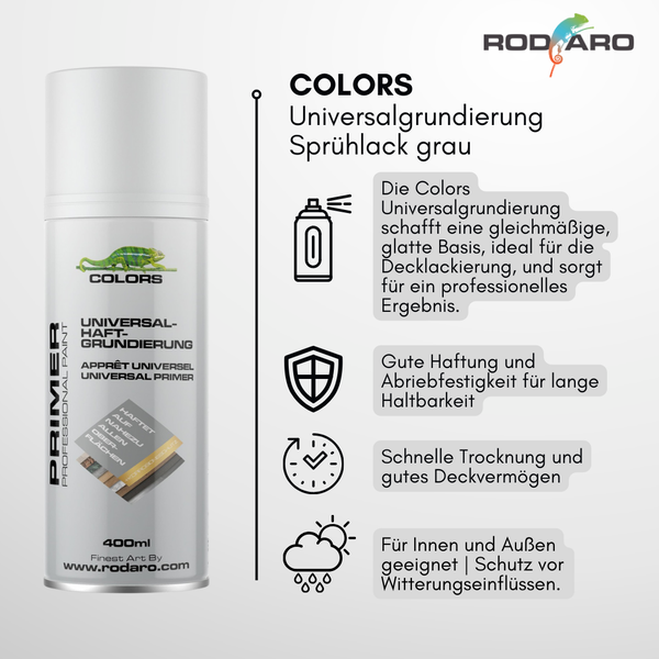 Rodaro Colors Universalhaftgrundierung Sprühlack 400 Milliliter in Grau für Innen und Außen mit Korrosionsschutz und schneller Trocknung.