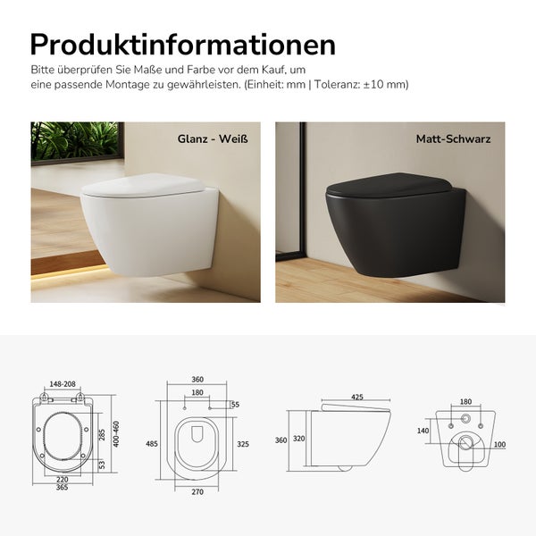 Produktinformationen zu einer Wandtoilette in Weiß glänzend und Schwarz matt mit Maßangaben.