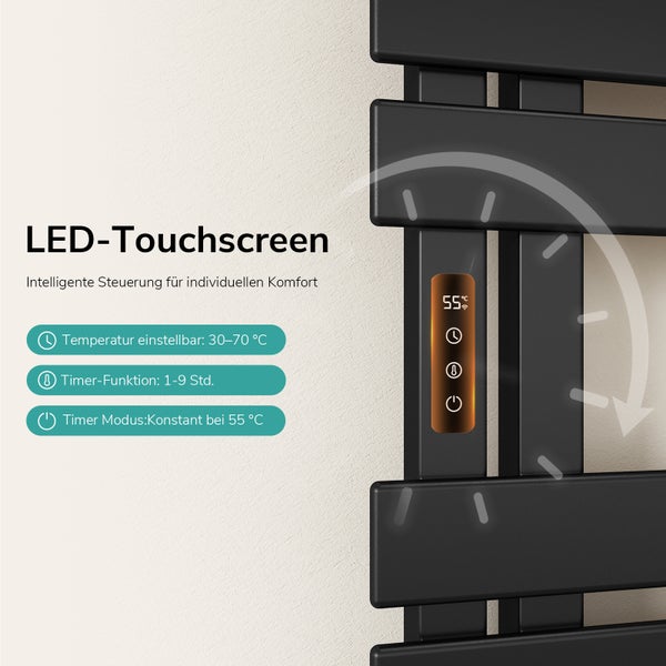 LED-Touchscreen für Heizkörper mit einstellbarer Temperatur von 30 bis 70 Grad Celsius, Timer-Funktion von 1 bis 9 Stunden und Konstantmodus.
