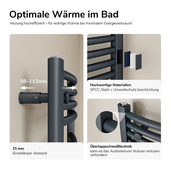 Badheizkörper aus Stahl mit Details zu einstellbarem Wandabstand von 98 bis 113 Millimeter, Beschichtung und Schweißtechnik.