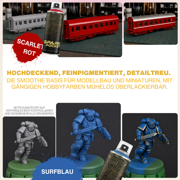 Spark Pocket Sprühfarbe für Modellbau und Miniaturen in verschiedenen Farben zur detaillierten Gestaltung von Fahrzeugen und Spielfiguren.