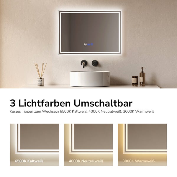 Rechteckiger Badezimmerspiegel mit LED Beleuchtung, Touch Funktion und drei einstellbaren Lichtfarben von 3000 bis 6500 Kelvin.