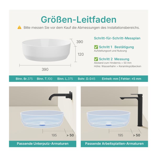 EMKE Aufsatzwaschbecken Ø39 cm, Rund, Keramik, Glänzend Weiß, Ohne Armaturbohrung, Pflegeleicht & Feuchtigkeitsbeständig, Design Waschbecken für Bad, Höhe 12 cm