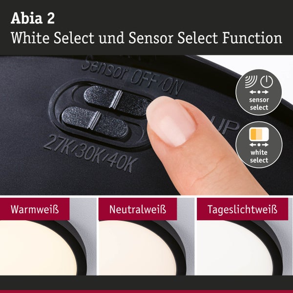 Abia 2 Deckenleuchte mit White Select und Sensor Select Funktion, Schaltereinstellungen und Lichtfarben