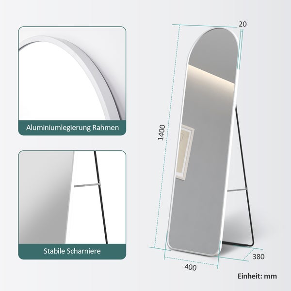 EMKE Bogen Standspiegel Ganzkörperspiegel mit Rahmen aus Aluminiumlegierung für Wohn-,Schlaf-, Aufenthalt und Ankleidezimmer, Weiß, 160x60cm