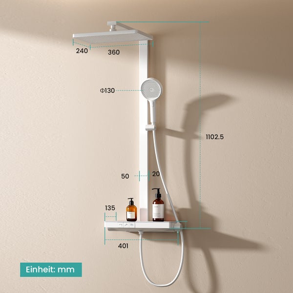 Technische Zeichnung einer Duscharmatur mit Maßangaben.