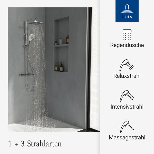 Villeroy and Boch Logo, Regendusche und Handbrause mit drei Strahlarten in moderner Dusche