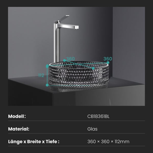EMKE Aufsatzwaschbecken Ø36 cm, Crystal Glass, Rundes Waschbecken, Schwarz, Höhe 112 mm, Elektroplattiertes Design, Ohne Hahnloch, Modernes Badezimmer Waschtisch
