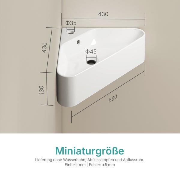 Technische Zeichnung eines weißen Eckwaschbeckens mit Maßangaben