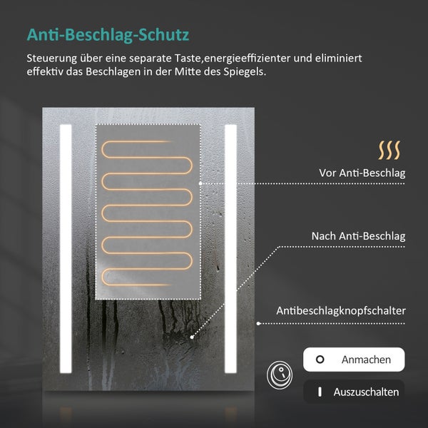 EMKE Badspiegel mit Beleuchtung 70x50 cm, Kaltweiß, Wandanschluss, IP44, integrierter LED Spiegel, HD-Spiegelfläche, horizontal & vertikal montierbar, für Bad