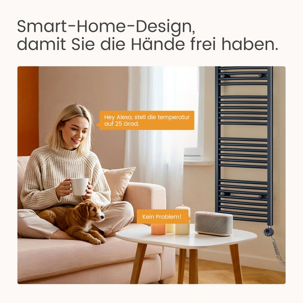 Frau mit Hund auf Sofa neben Heizkörper mit Smart Home Steuerung
