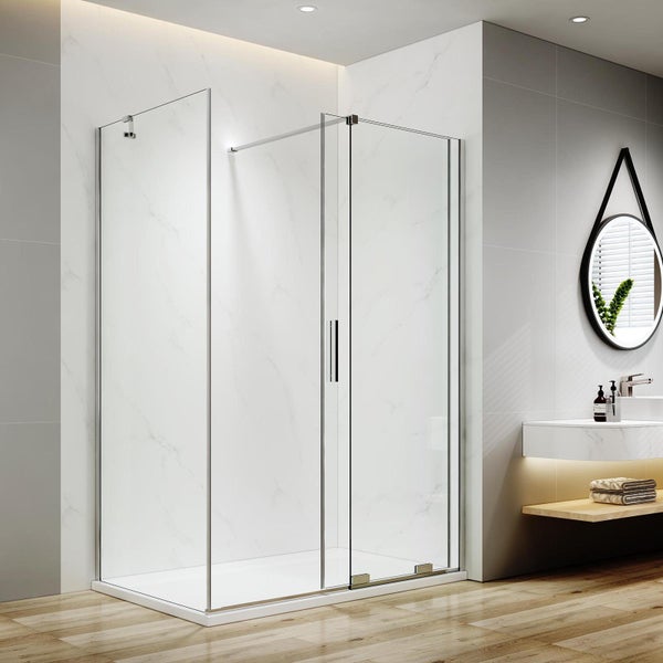 EMKE Eckdusche Duschkabine, 1400 x 1000 mm, Schiebetür, 195 cm, Chrom, 8 mm ESG-Sicherheitsglas mit Nano-Beschichtung