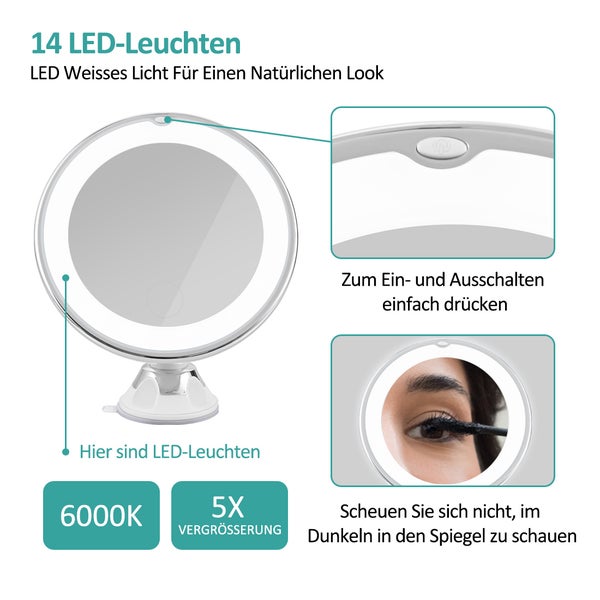 EMKE Kosmetikspiegel 20x17,5 cm, 5-fach Vergrößerung, 14 LEDs 6000K, mechanischer Schalter, Tisch- und Wandhalterung (Saugnapf), mattierter Spiegelrand, IP20