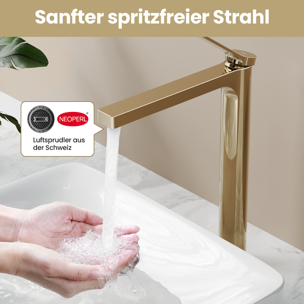 Emke Einhebel-Waschtischarmatur, Badarmaturen, Waschbecken Armatur - Schweizer Design, Minimalistisches Design，3/8 Zoll, Wassersparend, Korrosionsschutz, Warm- & Kaltwasser, Bleifreies Messing, Pflegeleicht -Champagnergold
