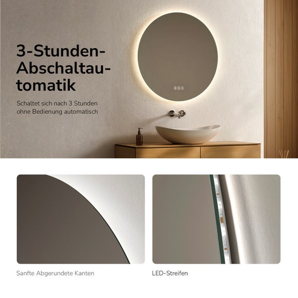 Runder LED Badezimmerspiegel mit Beleuchtung und 3 Stunden Abschaltautomatik in einem modernen Badezimmerambiente.