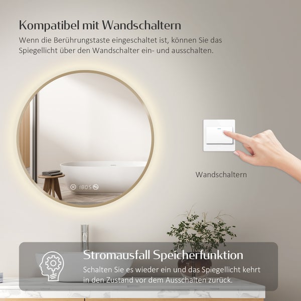 EMKE LED Badspiegel Ø60 cm, 4300K Neutrales Licht, Antibeschlag, Dimmbar, Gebürsteter Goldrahmen, Uhr, Temperaturanzeige, für Badezimmer