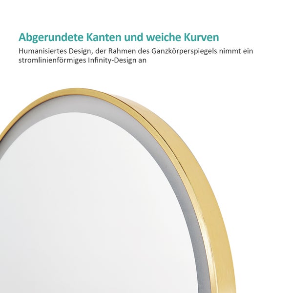 EMKE Bogen Standspiegel Gold, 147 x 45 cm, Ganzkörperspiegel mit LED-Beleuchtung, 3 einstellbare Lichtfarben und dimmbar, Aluminiumrahmen, ideal für Wohn-, Schlaf-, Aufenthalts- und Ankleidezimmer