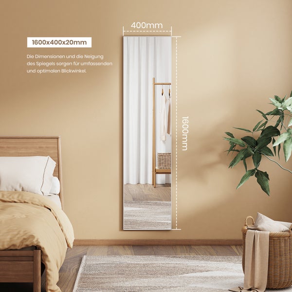 EMKE Standspiegel mit Rahmen aus Aluminiumlegierung, 160x40cm HD Groß Ganzkörperspiegel mit Haken, Rechteckiger Hochspiegel für Wohnzimmer oder Ankleidezimmer Chrome