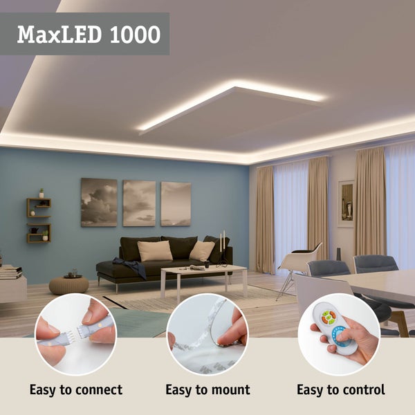 MaxLED 1000 LED-Streifen im Wohnraum mit Hinweisen zu Verbindung, Montage und Steuerung