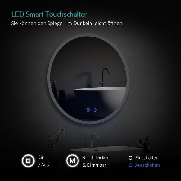 EMKE Badspiegel mit Beleuchtung Ø80 cm, rund, LED Wandspiegel, Touch-Schalter, dimmbar, Anti-Beschlag, 5 mm Glas, Memory, satiniert, rostfrei, für Badezimmer