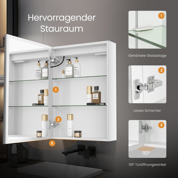 EMKE Badspiegelschrank mit LED Beleuchtung, 40x60x14,5 cm, beschlagfrei, Touchschalter, 3 Lichtfarben, Badspiegel mit Ablage, Spiegelschrank mit Steckdose und USB Anschlüsse