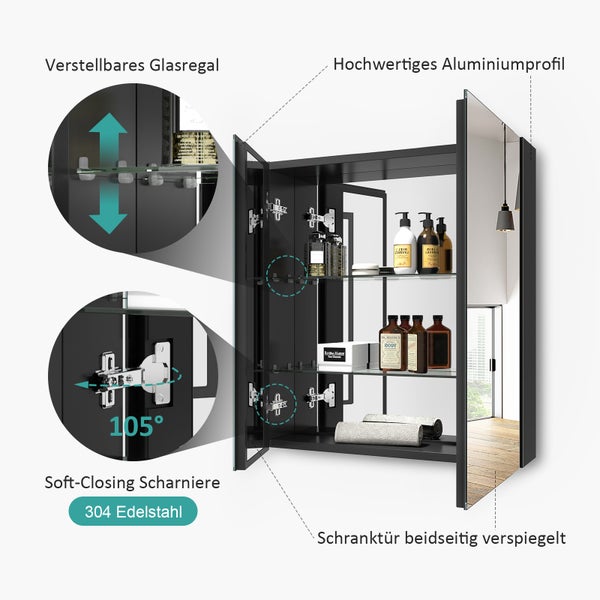 EMKE Spiegelschrank, 2-Türig,  60x65 cm, Badschrank mit doppelseitigen Spiegeltüren, schwarz
